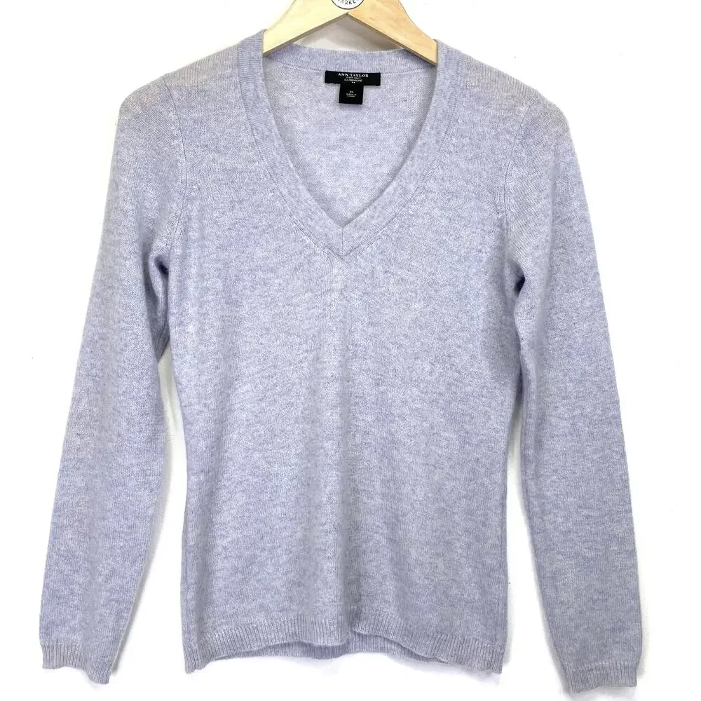 Ann Taylor Cashmere Sweater Womens XS Blue White Classic V-Neck Preppy Layering